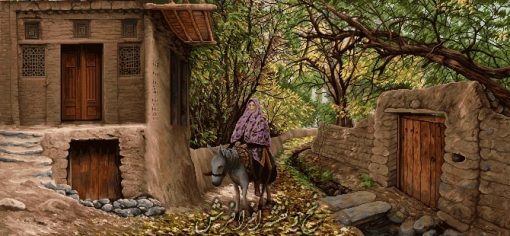 نخ و نقشه تابلو فرش منظره کوچه باغ مادر الاغ سوار