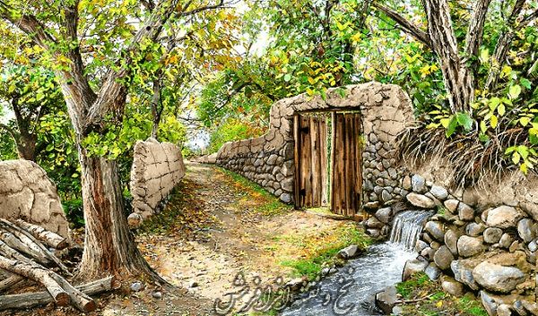 نخ و نقشه تابلو فرش منظره کوچه باغ سرچشمه