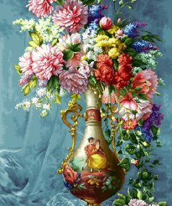 نخ و نقشه تابلوفرش گل با زمینه آبی