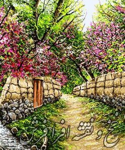 نخ و نقشه تابلو فرش منظره کوچه باغ بهار