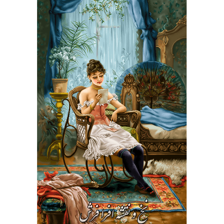 نخ و نقشه تابلو فرش دستبافت دختر نامه خوان