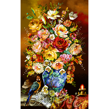 نخ و نقشه تابلو فرش گل رز و طوطی