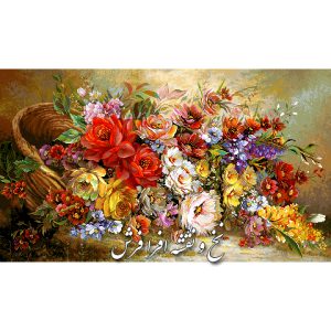 نخ و نقشه تابلوفرش سبد گل رز قرمز ریخته