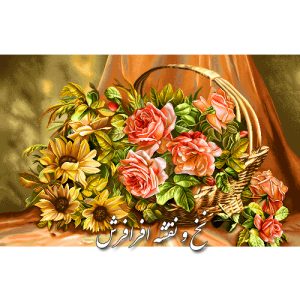 نخ و نقشه تابلوفرش گل رز صورتی گلدان حصیری