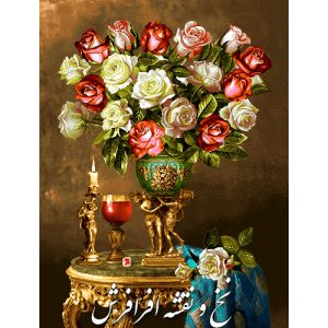 نخ و نقشه گل رز گلدان فیروزه ای با لیوان شراب