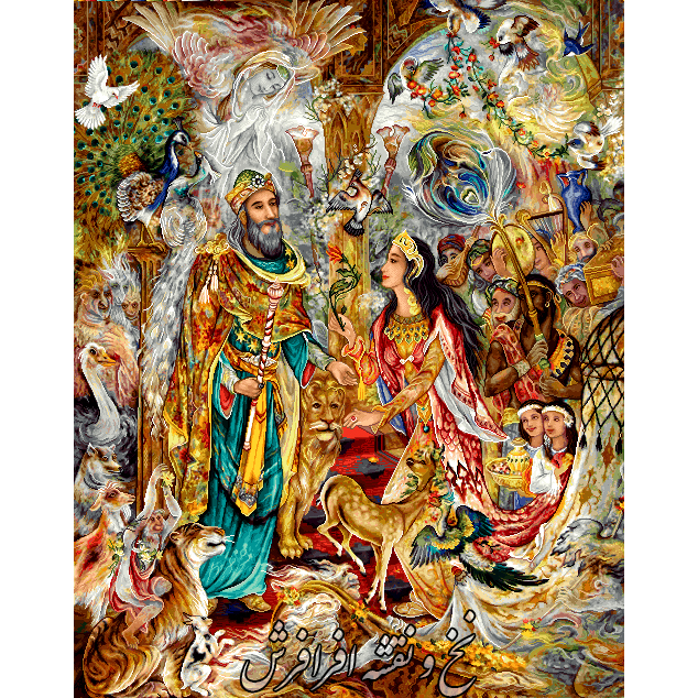 نخ و نقشه تابلوفرش حضرت سلیمان و ملکه سبا