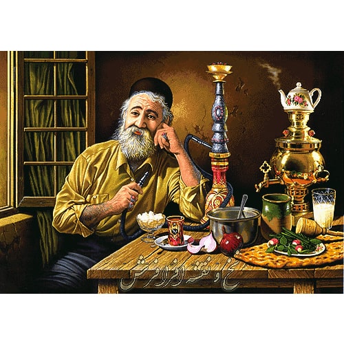 نخ و نقشه تابلوفرش پیرمرد قهوه خانه