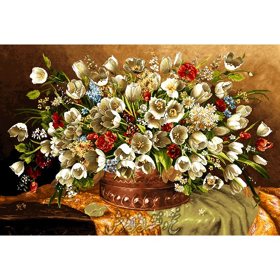 نخ ونقشه تابلوفرش گل لاله گلدان مسی