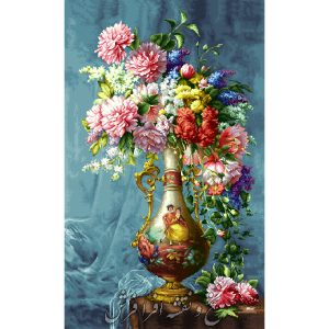 نخ و نقشه تابلوفرش گل با زمینه آبی