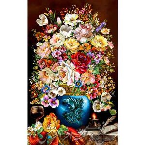 نخ و نقشه تابلوفرش گل و گلدان رز و شمع دان