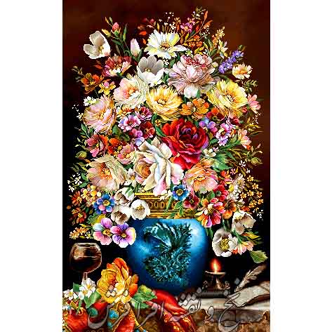 نخ و نقشه تابلوفرش گل و گلدان رز و شمع دان