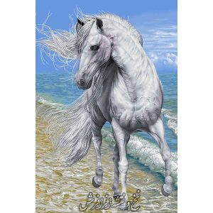 نخ و نقشه تابلو فرش اسب سفید ساحل دریا