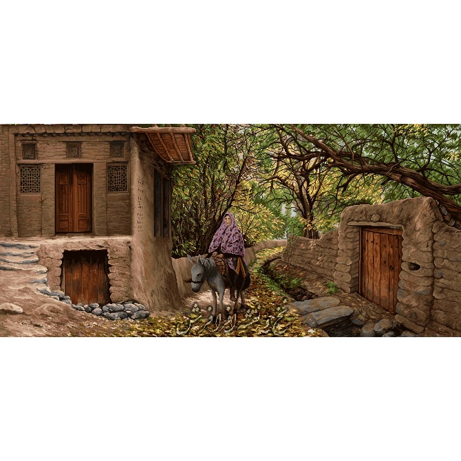 نخ و نقشه تابلو فرش منظره کوچه باغ مادر الاغ سوار