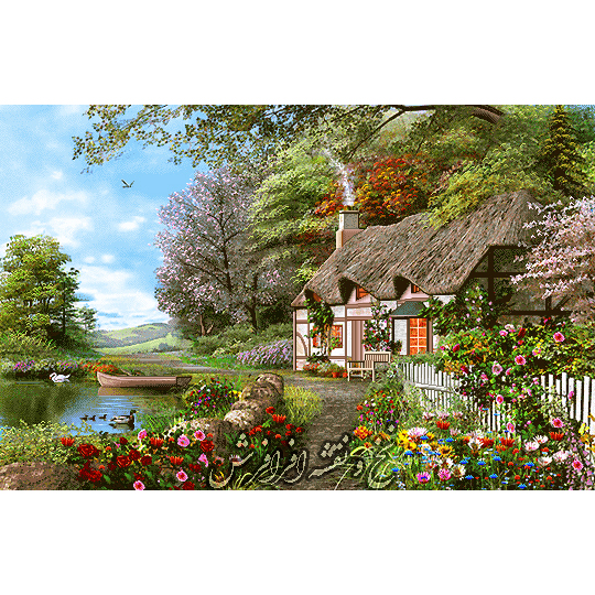 نخ و نقشه کامپیوتری تابلوفرش منظره کلبه جنگلی