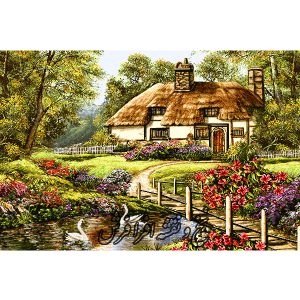 نخ و نقشه تابلوفرش منظره برکه با قو