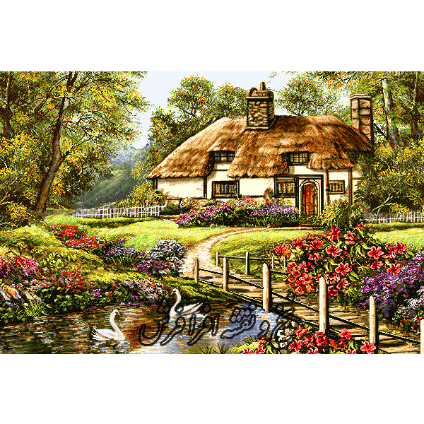 نخ و نقشه تابلوفرش منظره برکه با قو