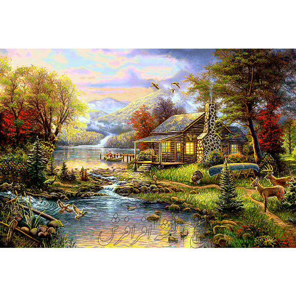 نخ و نقشه تابلوفرش منظره کلبه جنگلی