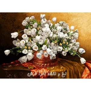 نخ و نقشه تابلوفرش گل و گلدان لاله سفید